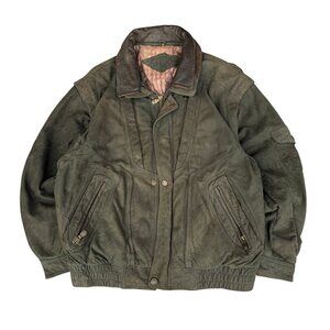 Vintage 90s Trapper Green Leather Jacket - (L/XL)